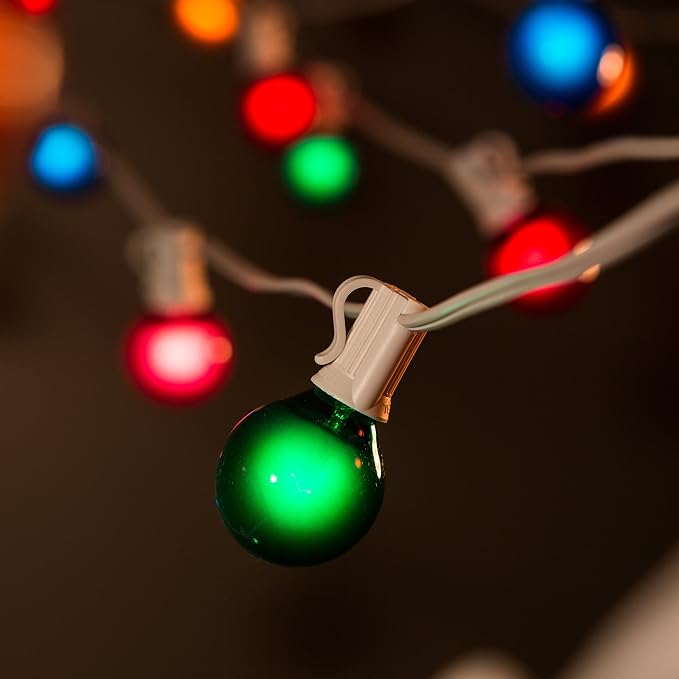 G40 Assorted Satin Pearl Colored String Lights (25 Foot – White Wire) | G40 Assorted 1.6" Bulbs, Outdoor Globe Patio String Lights
