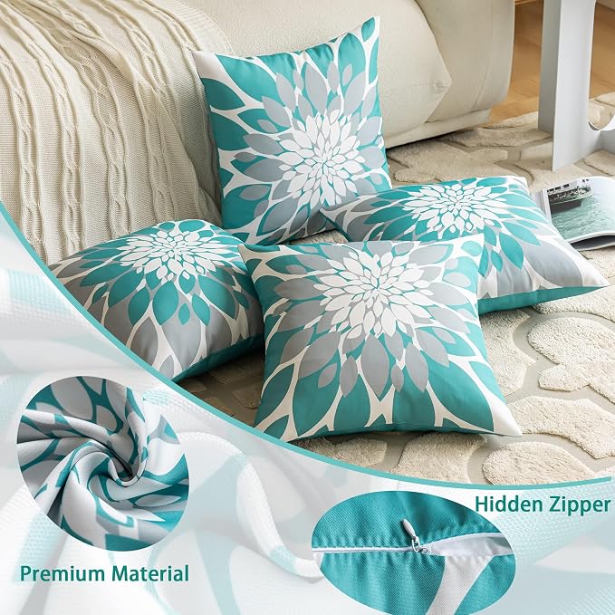 Pack of 4 Outdoor Waterproof Pillow Covers 18x18 Decorative Outdoor Throw Pillows Garden Square Cushion Cases for Patio Furniture, Couch, Tent Sunbrella, Bench, Teal Turquoise Grey