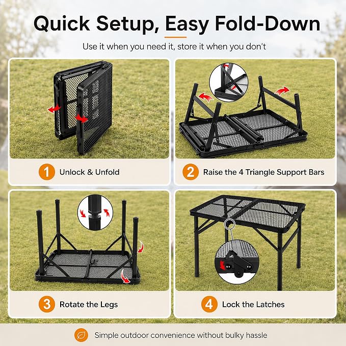 Folding Grill Table Camping Table with Mesh Desktop, Lightweight & Portable Outdoor Picnic Table, Height Adjustable Portable for Outside Inside Use