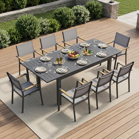FansaFurn Patio Furniture Set with 121" Extendable Dining Table, Patio Table Set for 4–8 People, All-Weather Aluminum Outdoor Furniture, Outdoor Dining Set for Backyard, Porch, and Garde, Grey