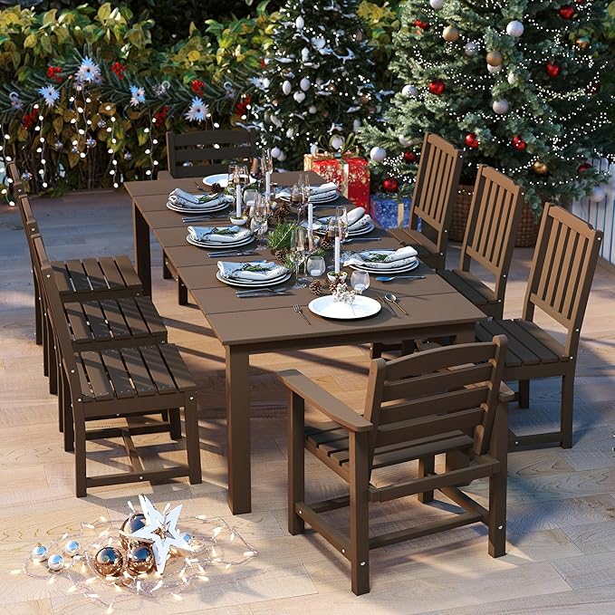 HDPE 9-Piece Outdoor Dining Set with 11FT Umbrella, Brown | All-Weather Patio Table and Chairs, Fade-Resistant Patio Furniture Dining Set for Lawn, Garden, Deck, Backyard, Poolside