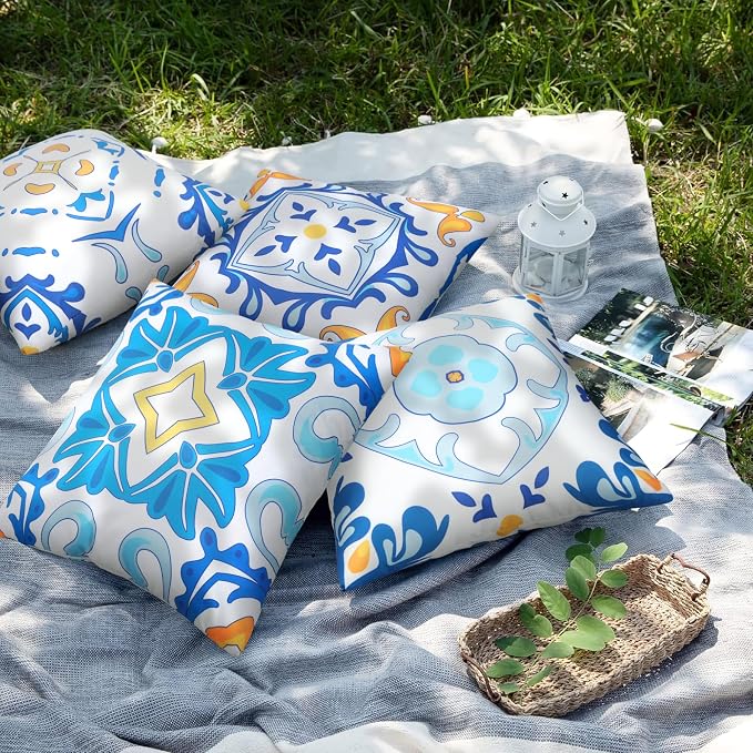 JASEN Outdoor Waterproof Pillow Covers, Blue Floral Outdoor Throw Pillow Cover Set of 4, Boho Double-Sided Decorative Outside Throw Pillows for Patio Furniture Porch Garden Couch