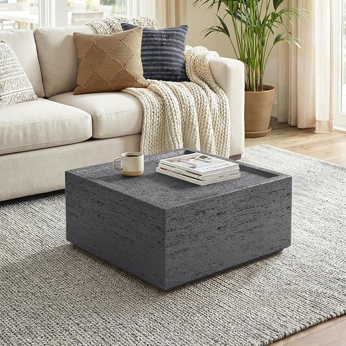 UPHA 28" Square Outdoor Coffee Table, Modern Hollow Concrete Patio Table, Small Minimalist Low Accent Table for Living Room, Balcony, Deck, Backyard, Dark Gray