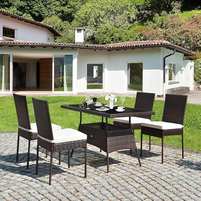 HAPPYGRILL 5-Pieces Patio Dining Set Outdoor Rattan Wicker Table and Chair Set with Glass Tabletop, Modern Dining Furniture Set with Cushioned Chairs for Backyard Porch Dining Room Kitchen