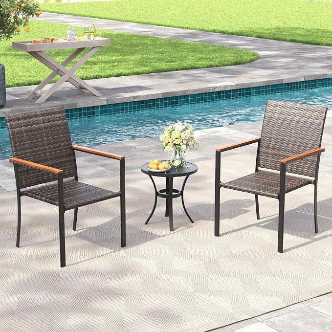 Patio Dining Set for 2, 18.5" Round Metal Patio Side Table and Stackable Wicker Patio Chairs, Outdoor Furniture Set for Porch Garden, Walnut Chairs, Black Table