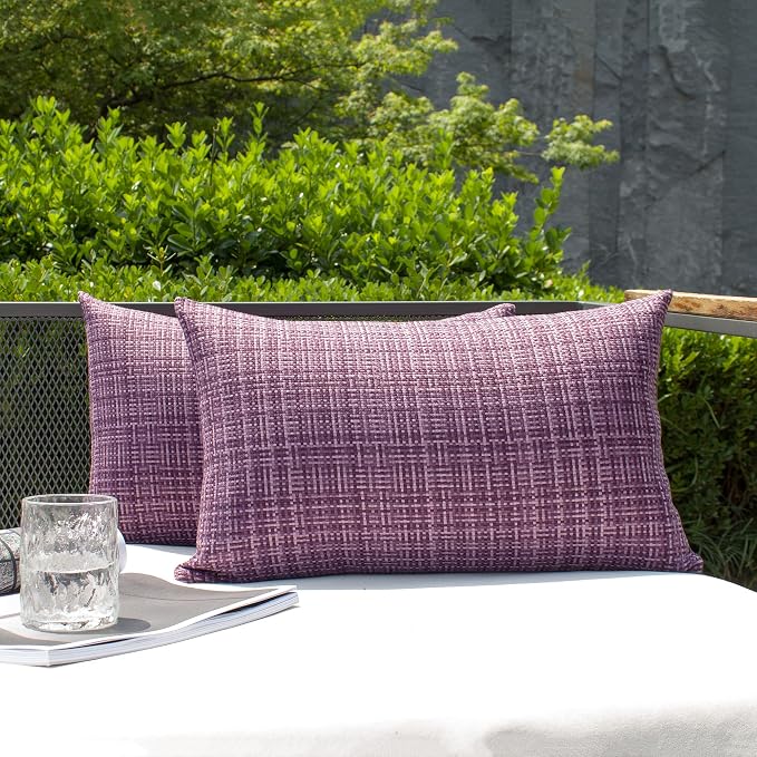 Kevin Textile Outdoor Waterproof 12"x20" Lumbar Pillow Covers 2 Pack Violet | Water Resistant, Faux Linen Yarn-dyed, Woven Texture Throw Pillow Covers for Tent Patio Garden Couch Sofa