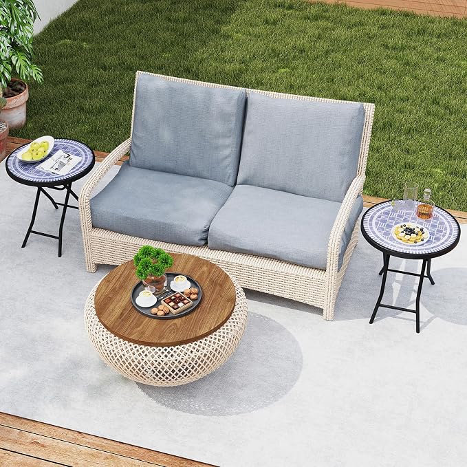 Giantex Set of 2 Folding Outdoor Side Table, 18” Round End Table with Tempered Glass Tabletop & Metal Frame, Portable Sofa Side Table, Patio Coffee Table for Yard Porch Poolside Living Room, Grey