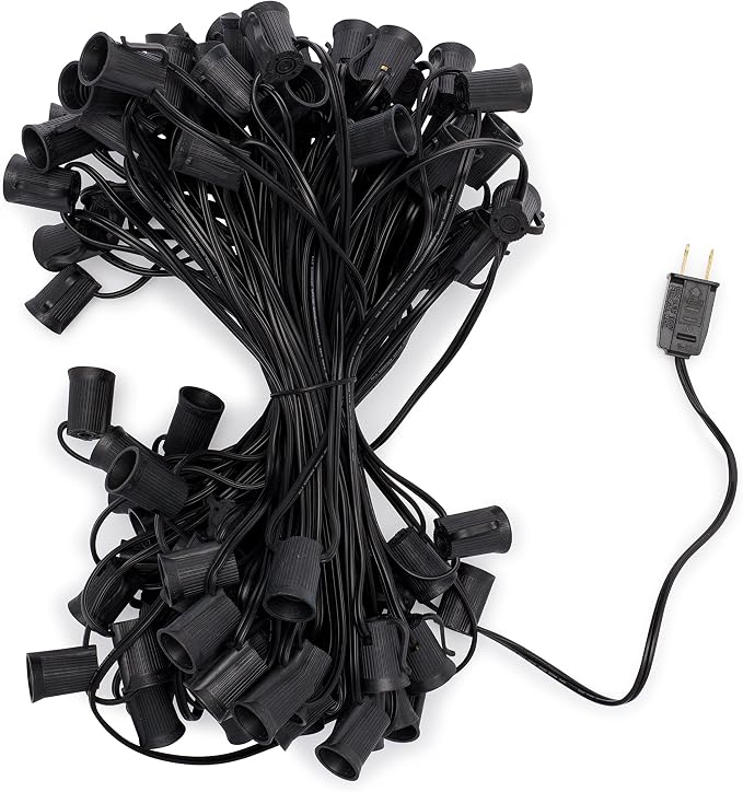 Holiday Lighting Outlet C9 Christmas Light String, Patio Event Lighting, Black Cord, 12" Socket Spacing, E17 (100'')