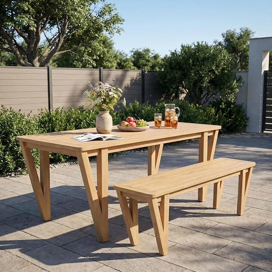 Christopher Knight Home Cove 2 Piece Acacia Wood Dining Table Set for 2, Outdoor Dining Table with Bench Set, Farmhouse Patio Furniture Set with Slatted Design & V-Shaped Legs, Light Teak