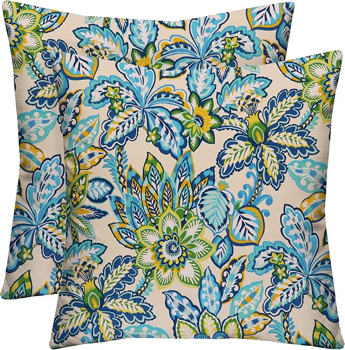 RSH DECOR Square Throw Pillows Set of 2, 20" x 20", Outdoor Pillows Waterproof, Copeland Caribe Blue Floral Made in USA