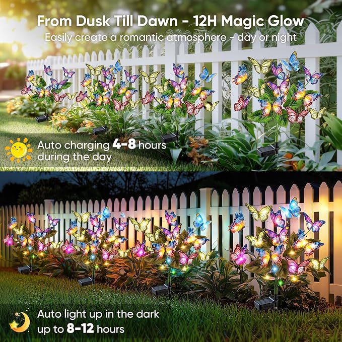 Solar Lights Outdoor Garden Decor: 4 Pack 68 Silk Butterflies with 88 Color-Changing LEDs - Auto On/Off 12H Magical Lighting IP65 Waterproof for Yard Patio Pathway - Unique Gifts for Mom Grandma
