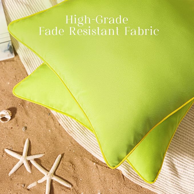 Phantoscope Pack of 2 Outdoor Waterproof Throw Pillow Covers with Contrast Piping, Decorative Square Cushion Case Patio Pillows for Couch Tent, Lime Green 18x18 inches