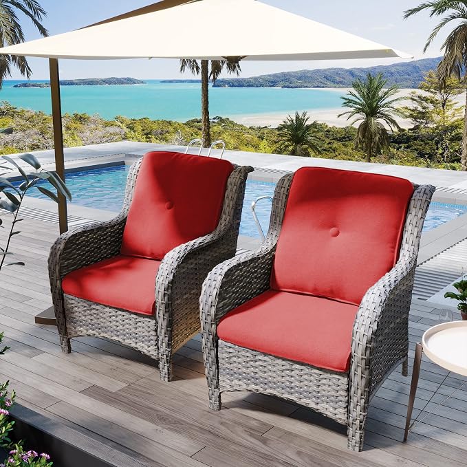 MeetLeisure Outdoor Wicker Chair Rattan Patio Dining Chairs Set of 6 PE Wicker Patio Chairs with 4 inch Seat Cushions Patio Seating Chair for Garden, Backyard Swimming Pool, Balcony, Red