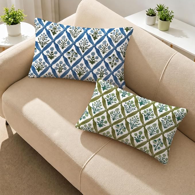 Allorry Floral Outdoor Pillow Covers 12x20 Blue Outdoor Waterproof Decor | Set of 2 Vintage Floral Block Print Pillow Cover,Farmhouse Boho Decorative for Spring Summer Outdoor Sofa Bedroom Decor