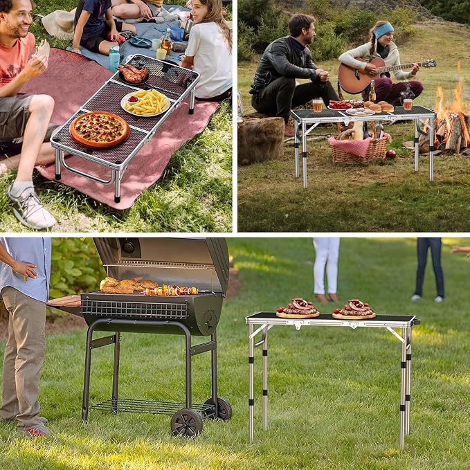 Anbte 3ft Folding Grill Table with Storage Bag, 3 Adjustable Height 27.5" Aluminum Portable Grill Table, Heat Resistant, Lightweight, Portable Handle for BBQ Cooking Camping Travel, 35" X 16", Silver