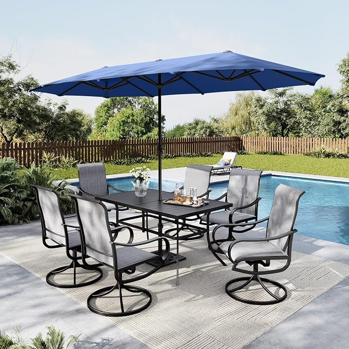 MFSTUDIO Outdoor Patio Dining Set for 6, Patio Furniture Set with Blue Umbrella (Base not Included), Outdoor Table and Light Grey Swivel Chairs Set for Deck, Backyard, Lawn & Garden