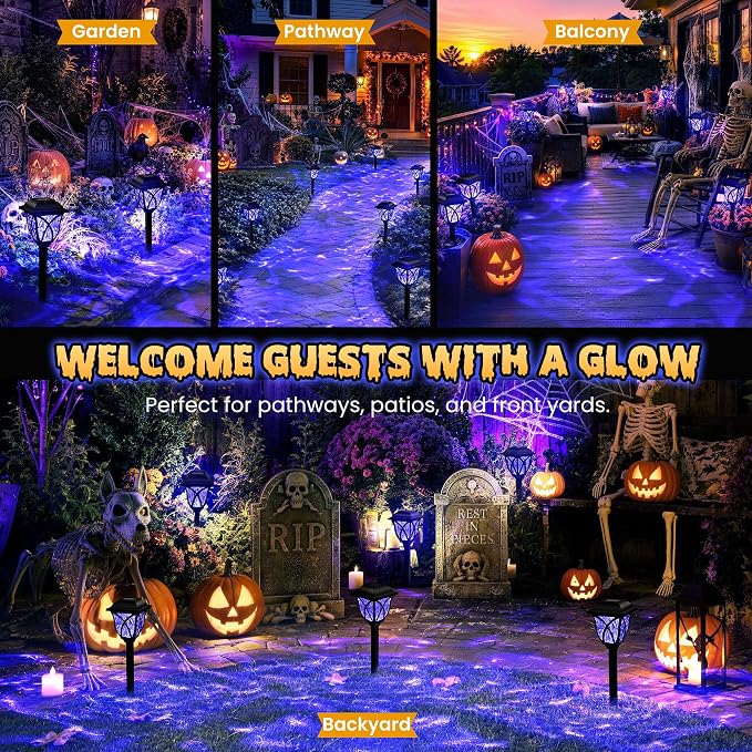 GIGALUMI Solar Halloween Lights Outdoor, LED Solar Pathway Lights 6 Pack | Garden Light Outdoor Decorations, Garden Decor for Yard, Patio, Landscape, Planter, Walkway (Purple)