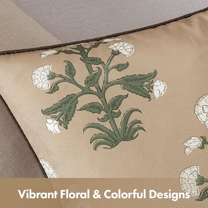 MIULEE Floral Outdoor Lumbar Pillow Covers with Inserts 12x20 Brown | Set of 2 Waterproof Decorative Throw Pillows with Piping,Vintage Fade Resistant, Patio Furniture Summer Garden Couch Sofa