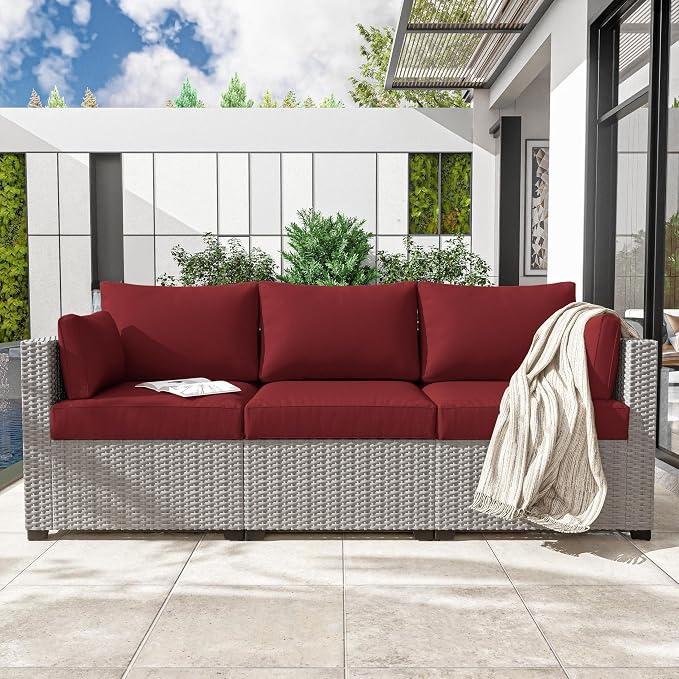 Outdoor Furniture Replacement Cushions, Waterproof Patio Furniture Cushions, 4" Deep Seat Outdoor Sectional Cushion for 3-Seat Outdoors Rattan Sofa Patio Sofa Cushion, Burgundy