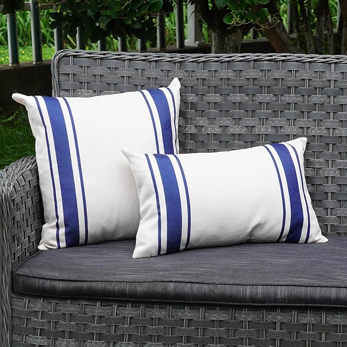 ONWAY Outdoor Pillow Covers Waterproof 12x20 Set of 2 Decorative Linen Throw Pillow Cover Beige and Navy Blue Striped Outdoor Pillows for Patio Furniture