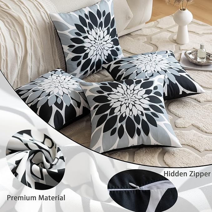 Pack of 4 Outdoor Waterproof Pillow Covers 18x18 Decorative Outdoor Throw Pillows Garden Square Cushion Cases for Patio Furniture, Couch, Tent Sunbrella, Bench, Black Grey