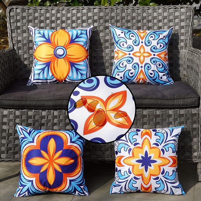 ONWAY Outdoor Pillow Covers Waterproof 16x16 Set of 4 Floral Boho Decorative Throw Cushion Cover Farmhouse Pillows for Bench Couch Patio Furniture