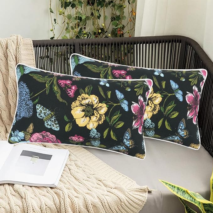 FUNHOME Outdoor Lumbar Pillow with Insert 12x20 Inch-Black Flower Butterfly | Outdoor Pillows Pack of 2 for Patio Furniture, Water-Repellent, Decorative Garden Pillows for Home Patio Coach Sofa Use