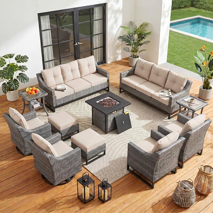 13 Piece Patio Furniture Set with 6" Thick Cushions, Weather-Resistant Wicker Swivel Rocker High Back Chairs and Fire Pit Table for Porch Yard Deck