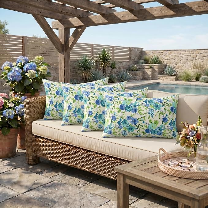 RSH DECOR: Lumbar Throw Pillows Set of 4 | 20” x 12" | All-Weather Spun Fabric | Outdoor Support Pillows for Patio Furniture | Made in USA (Bettina Aqua)