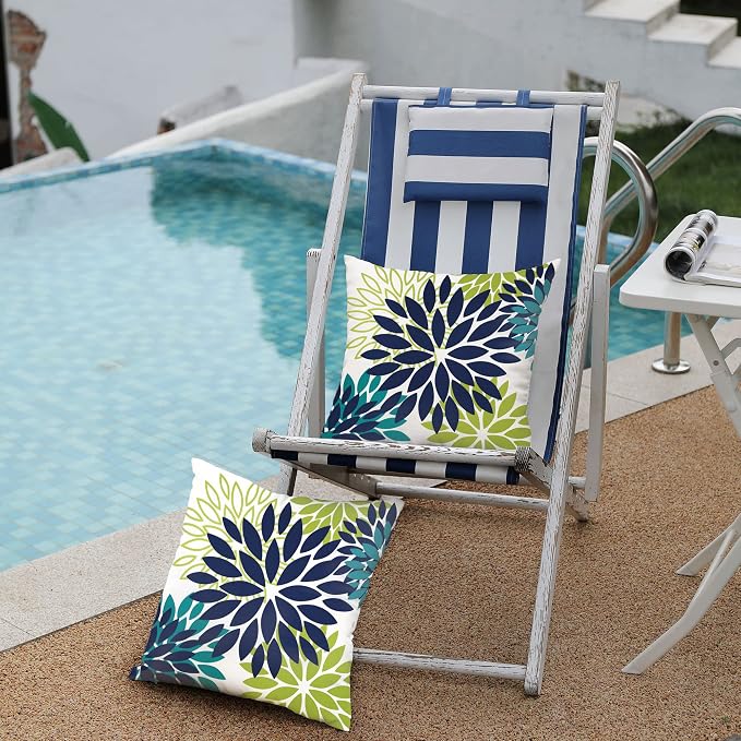 DFXSZ Outdoor Waterproof Pillow Covers 16x16 Set of 2 NavyBlue Green Flower | Spring Summer Waterproof Flower Throw Pillowcases（No Inserts）Outdoor Decor for Patio Funiture Garden Polyester Covers