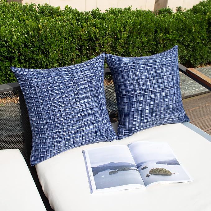 Kevin Textile Outdoor Waterproof 20x20 Inch Pillow Covers 2 Pack, Navy Blue | Water Resistant, Faux Linen Yarn-dyed, Woven Texture Throw Pillow Covers for Tent Patio Garden Couch Sofa