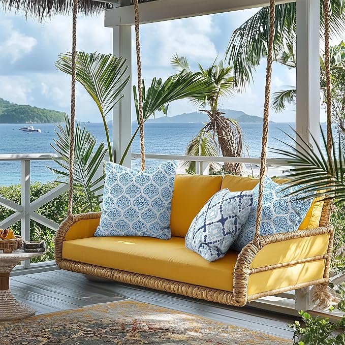 Outdoor Pillows for Patio Furniture 18x18 inch, Square Outdoor Throw Pillows with Inserts, Decorative Toss Pillows for Garden Couch Home Sofa Office Chair, Pack of 2, Boho Geometry Blue