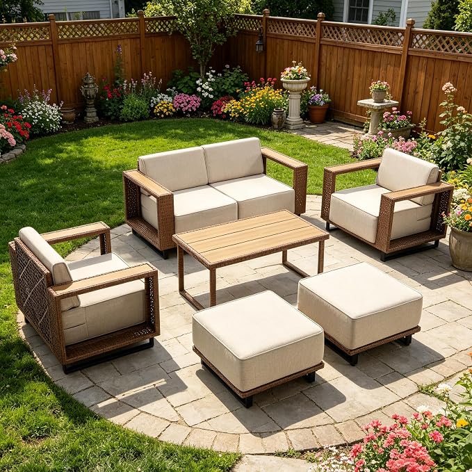 MOCHITO 7 Pieces Outdoor Patio Furniture Sets, All-Weather Sectional Sofa PE Rattan Wicker Conversation Set, Outdoor Patio sectional for Poolside, Porch, Lawn, Garden, Balcony(Beige)