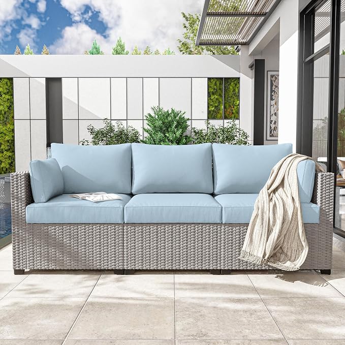 Outdoor Furniture Replacement Cushions, Waterproof Patio Furniture Cushions, 4" Deep Seat Outdoor Sectional Cushion for 3-Seat Outdoors Rattan Sofa Patio Sofa Cushion, Sky Blue
