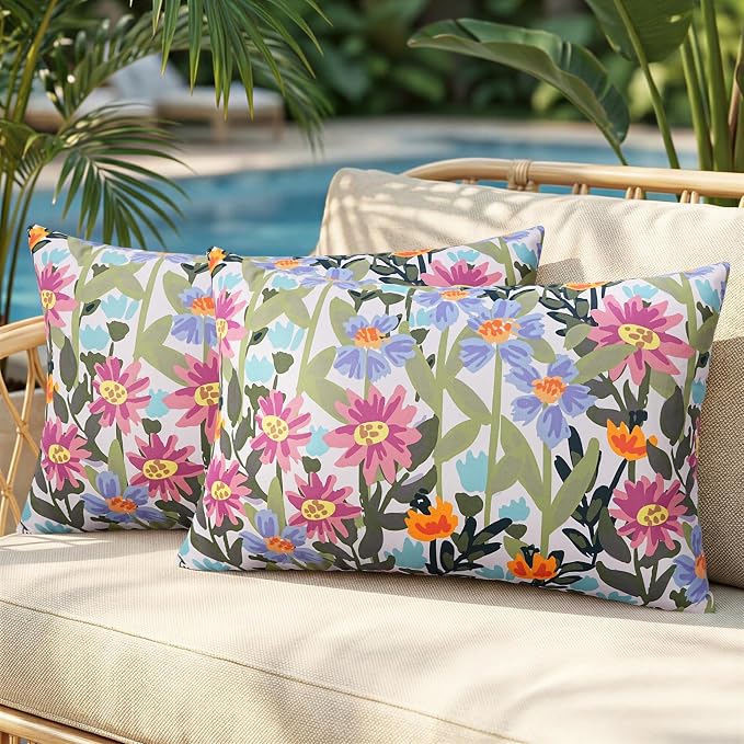 Pyonic Floral Outdoor Lumbar Pillows Covers 12x20 inch Waterproof Spring Summer Decor Outdoor Pillows for Patio Furnture Garden Bench Porch