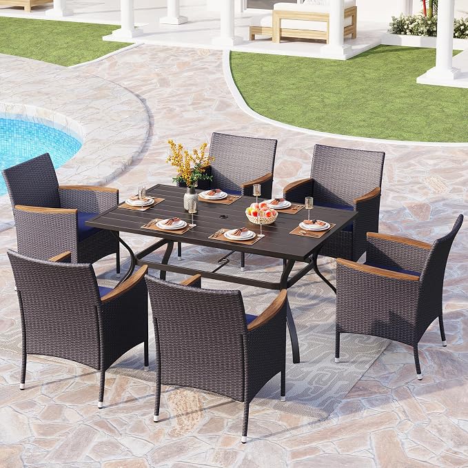PHI VILLA 7 Piece Patio Dining Set, 60” Rectangular Table, Rattan Chairs | Outdoor Dining Set for 6, Metal Dining Table with Umbrella Hole, Wicker Chairs with Cushions for Patio, Deck, Porch