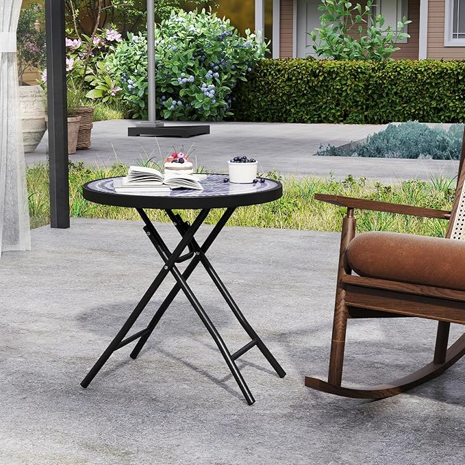 Giantex Set of 2 Folding Outdoor Side Table, 18” Round End Table with Tempered Glass Tabletop & Metal Frame, Portable Sofa Side Table, Patio Coffee Table for Yard Porch Poolside Living Room, Grey