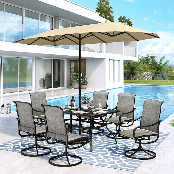 MFSTUDIO Patio Dining Set for 6, Outdoor Furniture Set with Beige Umbrella (Base not Included), Rectangle Metal Table and 6 Swivel Chairs for Patio, Deck, Backyard, Garden