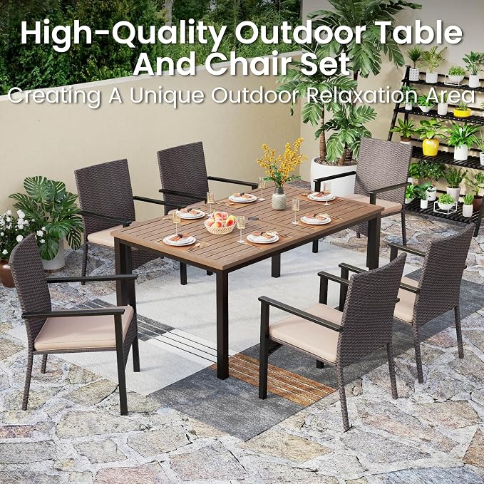 PHI VILLA 7 Piece Patio Dining Set, 64” Wood-Like Table, Rattan Chairs | Outdoor Dining Set for 6, Rectangular Table with Umbrella Hole, Wicker Chairs with Cushions for Patio, Deck, Porch