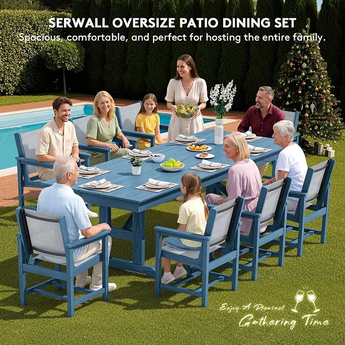 SERWALL 9 Piece Outdoor Dining Set, 84" HDPE Outdoor Large Table and Textilene Sling Chairs for 8，All Weather Patio Dining Furniture Set with Umbrella Hole for Backyard, Garden, Blue