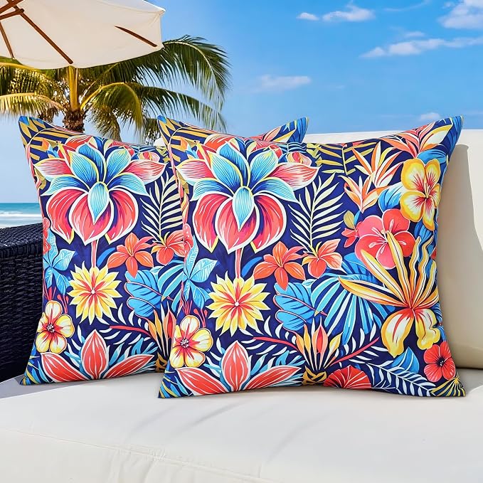 Outdoor Pillow Covers 20x20 Inch Set of 2, Tropical Floral Plants Modern Throw Pillows Cases, Spring Waterproof Square Garden Cushion Sham for Patio Funiture Tent Balcony Bench Sofa, Blue