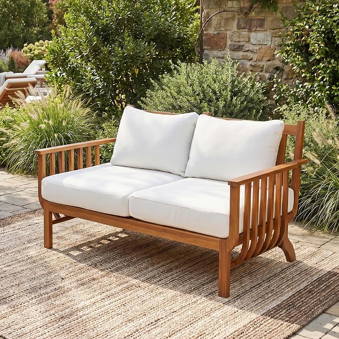 Merax 2-Seater Mid-Century Modern Acacia Wood Outdoor Loveseat with Weather-Resistant Cushions, Patio Sofa for Deck, Poolside, Backyard