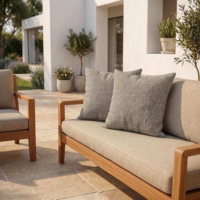 RSH DECOR: Square Throw Pillows Set of 2 | 17" x 17" | Water and Fade-Resistant Performance Fabric | Outdoor Pillow Covers with Down-Alternative Inserts | Made in USA (Herringbone Black)