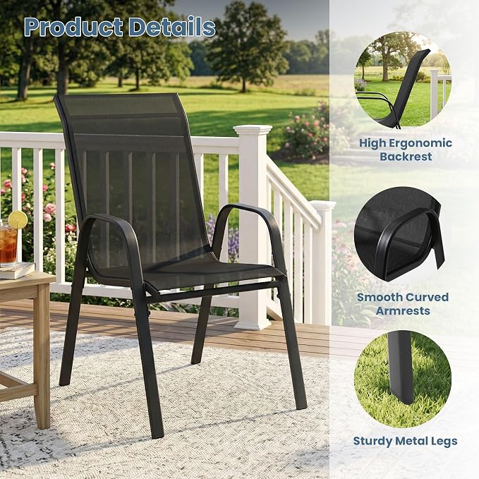 DIFY 11 Piece Outdoor Dining Set, 63" Black Round Metal Dining Table and Dark Grey Textilene Stackable Patio Chairs, Patio Table and Chairs Set for 10 with Umbrella Hole for Backyard Garden Deck