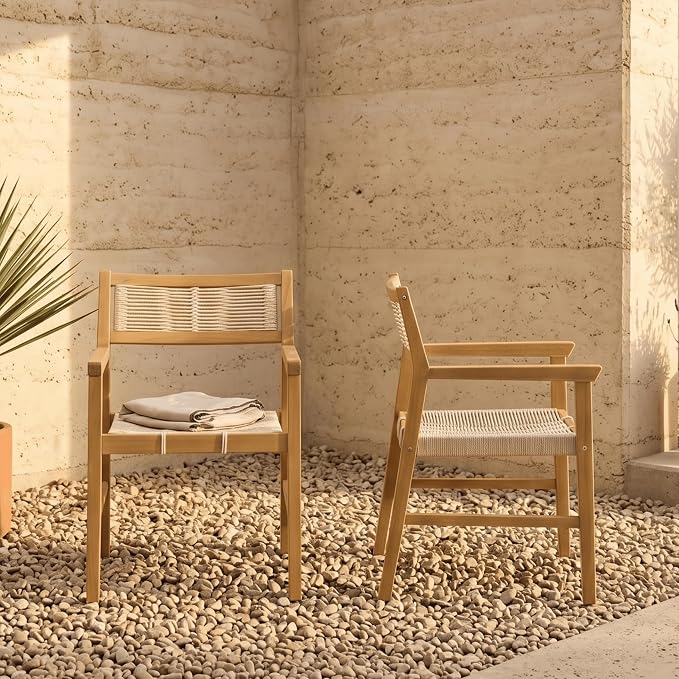 NTC Terra Set of 2 Solid Wood Armchairs with Handwoven Rope Seat & Back, Indoor & Outdoor Dining Chairs for Patio Dining Sets, Modern Patio Chairs with Arms, Easy Assembly, Natural