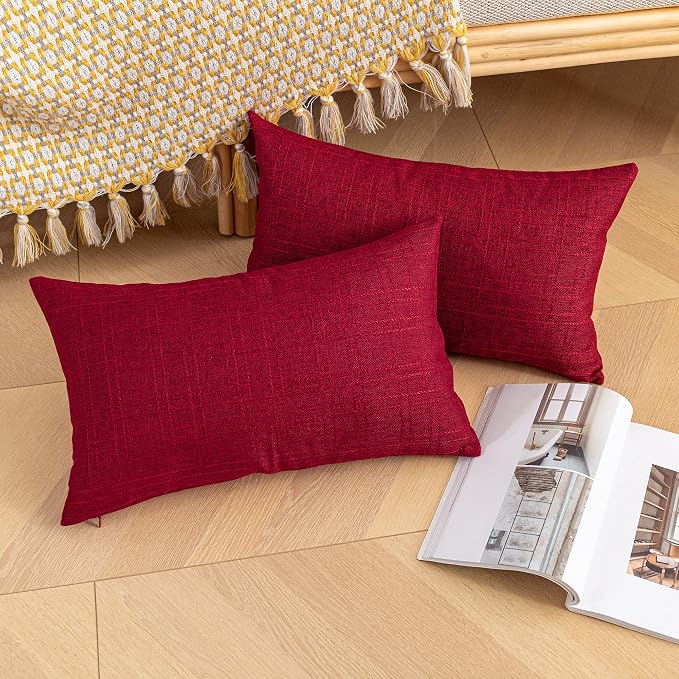 Kevin Textile Outdoor Waterproof 12”x20” Lumbar Pillow Covers 2 Pack, Red | Water Resistant, Soft Faux Linen-cotton Yarn-dyed Woven Texture Throw Pillow Covers for Tent Patio Garden Couch Sofa