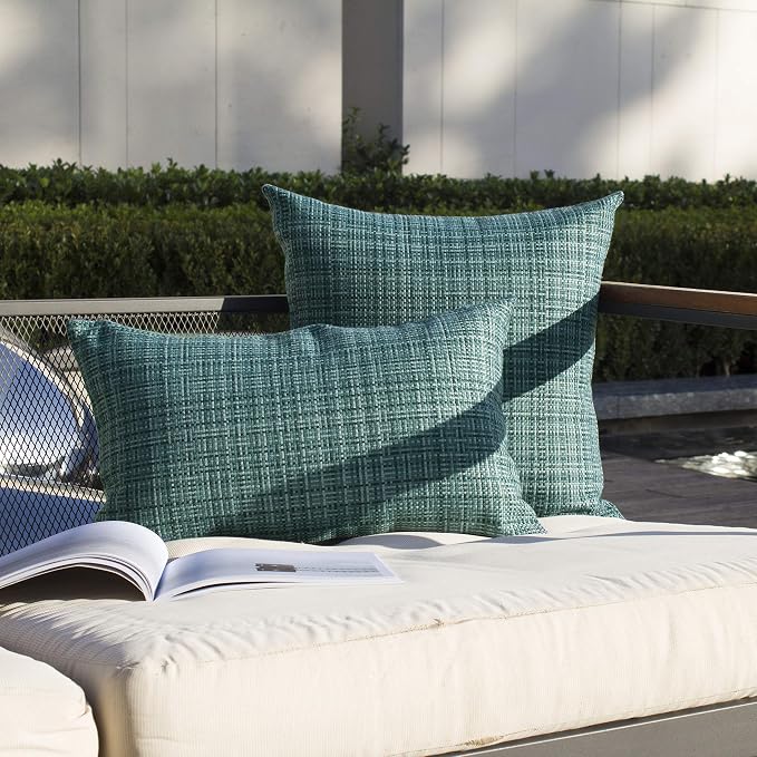 Kevin Textile Outdoor Waterproof 14"x24" Lumbar Pillow Covers 2 Pack, Teal | Water Resistant, Faux Linen Yarn-dyed, Woven Texture Throw Pillow Covers for Tent Patio Garden Couch Sofa