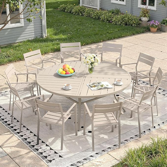 Patio Dining Set for 10, Round 63.1" Patio Dining Table and Stackable Outdoor Dining Chairs Outdoor Furniture for Backyard Porch Deck, Spliced Sandshell Table and Sandshell Chairs