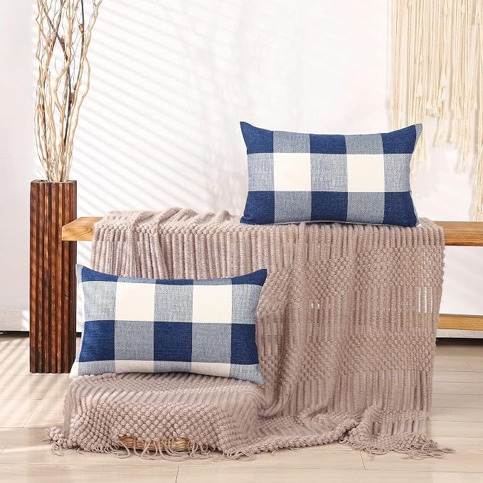 CARRIE HOME Navy Blue Buffalo Plaid Lumbar Pillow Covers 12x20 Set of 2 Blue Checkered Pillow Covers 12 x 20 Outdoor Farmhouse Lumbar Pillow Covers for Front Porch and Patio Furniture