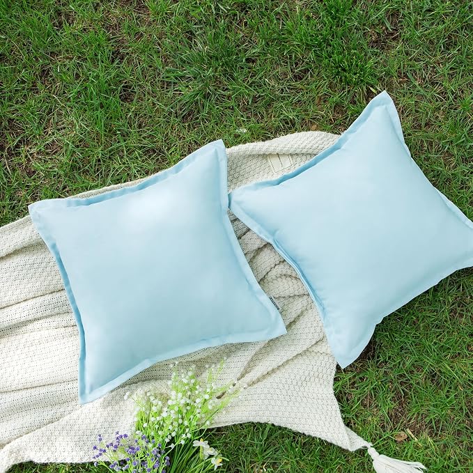 LIGICKY Light Blue Outdoor Waterproof Pillow Covers 20x20 Inch Pack of 2 Decorative Square Solid Color Pillows with Wide Edge Cushion Cover for Patio Tent Garden Couch Balcony